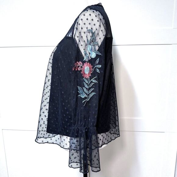 Sweet Rain Blouse Womens sz S Black Sheer Mesh Long Sleeve Floral Embroidery EUC - Picture 3 of 7